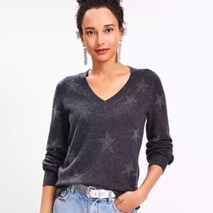 LOFT gray sparkle star v-neck sweater L